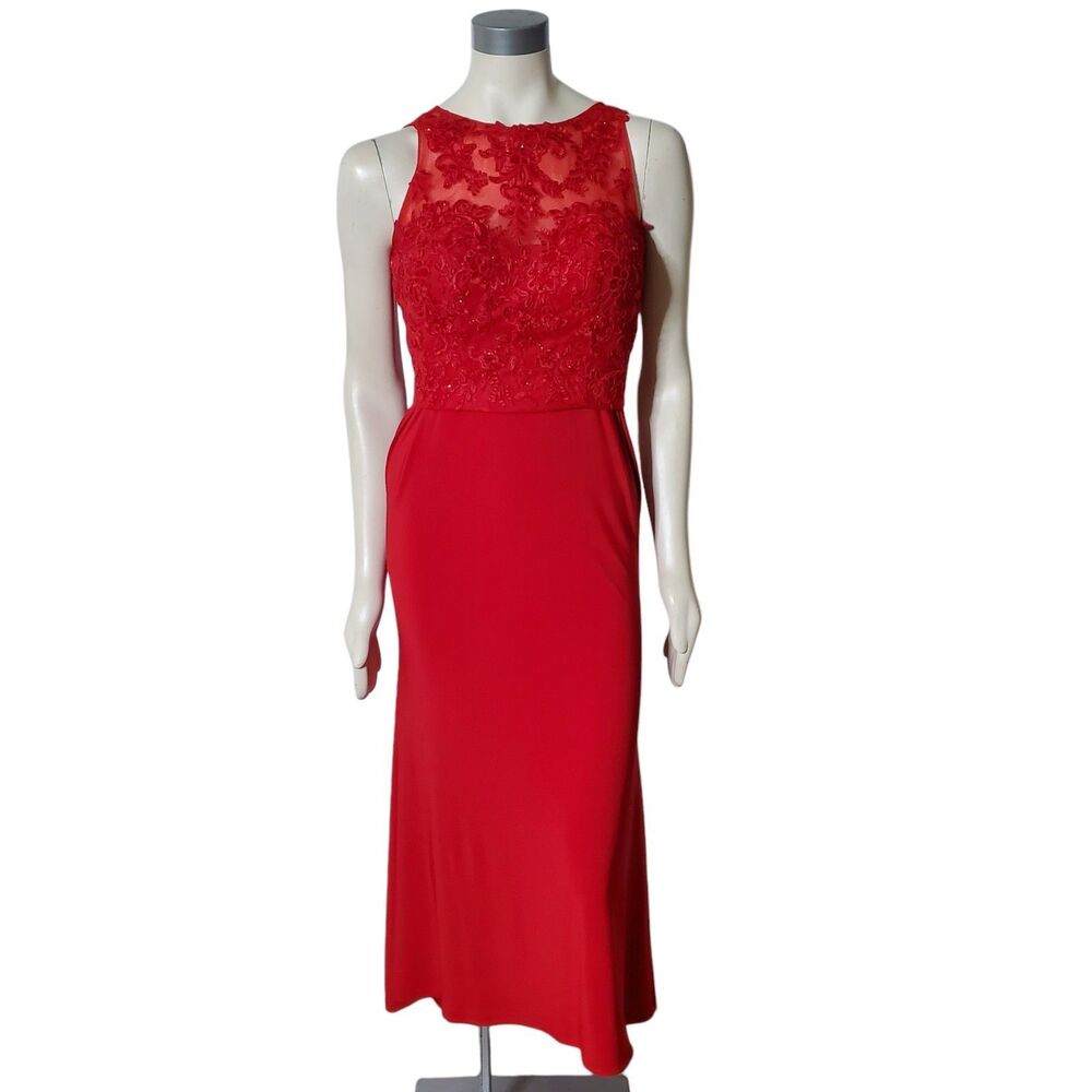Dave and Johnny Formal Evening Gown Sz 7/8 Red Halter Dress Beaded Womens